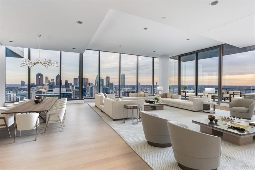 Over 85% sold! Your last opportunity to experience the Harwood lifestyle, featuring parks, restaurants, and direct access to the Katy Trail, among other amenities. Bleu Ciel's premiere penthouse, located on the 32nd and 33rd floors, is truly dazzling. This home boasts two expansive floors with 8,200 SF of interior space, complemented by over 8,000 SF of terrace area. Enjoy an extraordinary cantilever pool that extends beyond the building, offering stunning views of the bustling Uptown Dallas area. This gallery-like, spacious home is perfect for both lively gatherings and quiet reflection. For those seeking the paradise of an estate without the associated worries, welcome to Bleu Ciel.