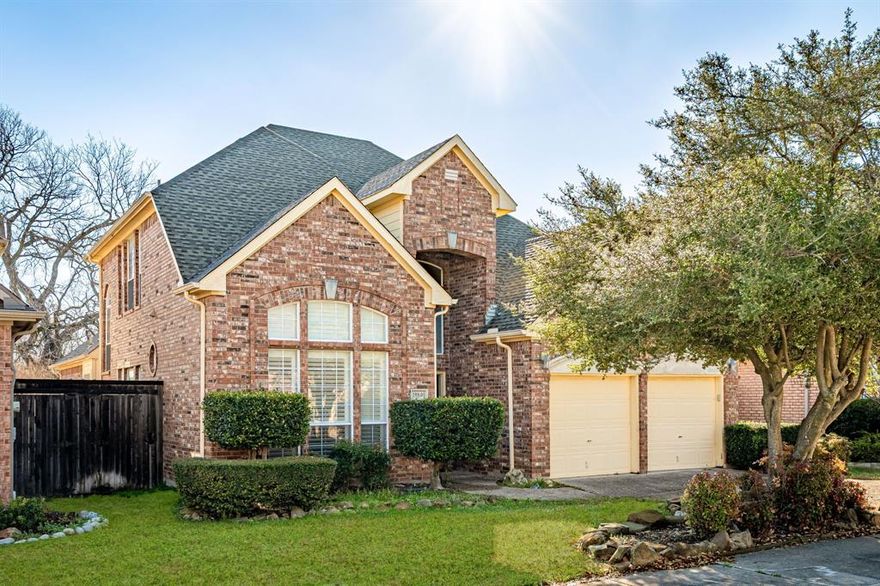 Backing to a serene, tree-lined greenbelt in the guard - gated community of Bent Tree West, this 4-bedroom, 3-bath home is filled with natural light thanks to expansive windows throughout. Located in Plano ISD, the home offers a spacious and flexible layout designed for both everyday living and entertaining. The main floor features a study with French doors and a closet that can easily function as a bedroom, along with a formal living room and dining room highlighted by a wall of windows that fills the space with warmth and natural light. The family room also showcases a wall of windows overlooking the backyard and greenbelt, complemented by a brick fireplace and built-in shelving. The kitchen includes a gas cooktop, a spacious island, and opens seamlessly to the family room and breakfast area. Just off the breakfast room, a charming courtyard provides a private outdoor space perfect for morning coffee or quiet evenings. The primary suite offers a comfortable retreat with a seating area and a large ensuite bathroom featuring dual vanities, a soaking tub, and a walk-in closet. Upstairs, you’ll find two additional bedrooms and a full bath with double sinks, along with a spacious game room ideal for recreation or relaxation. Step outside to a wood deck overlooking the backyard and lush greenbelt, creating a serene setting for gatherings or everyday enjoyment. Conveniently located near shopping, dining, parks, and major freeways, this home offers a strong combination of space, functionality, and location. Recent updates include upstairs HVAC (2025), water heater, (2025) updated electrical panel box, and freshly stained deck.