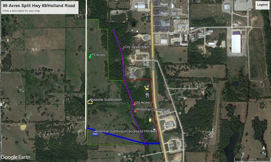 Great investment property ready to develop. The back 75 acres is ideal for residential development with 2,200 feet of road frontage on CR 2805 (Holland Rd) and 1,700 feet of road frontage on S Hwy 69, north of Loop 564 with easy access to Hwy 69. The front of the property is perfect for commercial development in a rapidly growing area.