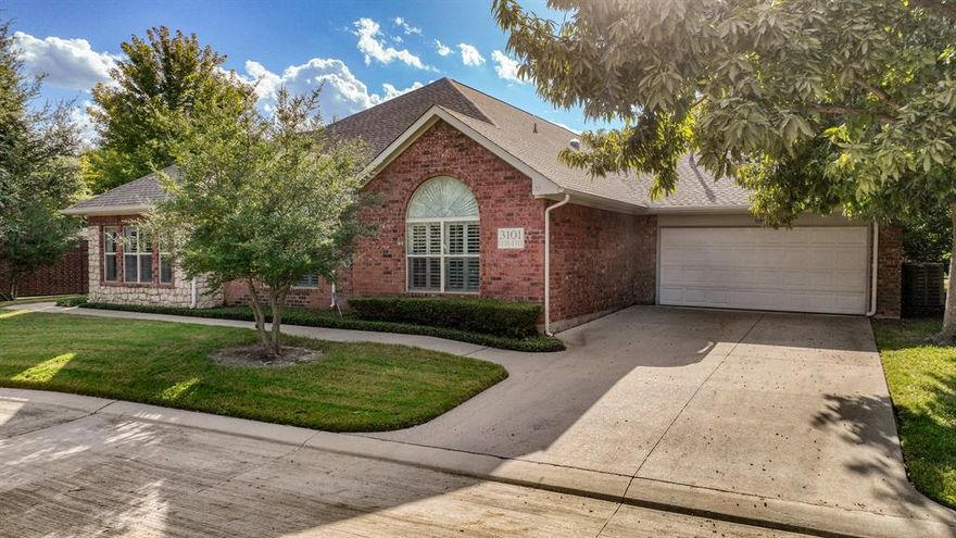 Tucked inside the gated River Bend Villas community, this beautifully maintained Fort Worth townhome offers comfort, privacy, and effortless living. Surrounded by mature trees and manicured grounds, it lives like a single-level retreat with all living spaces and the attached garage on one floor. The kitchen features rich cabinetry, granite countertops, and under-cabinet lighting, while the spacious primary suite provides a peaceful escape with a granite-topped vanity. A versatile secondary bedroom and dedicated office with built-in desk add flexibility for guests or remote work. Hardwood floors, plantation shutters, vaulted ceilings, and a cozy fireplace enhance the timeless appeal, and the HVAC was replaced in 2022 for added peace of mind. Enjoy natural light in the sunroom and relax outdoors on the private garden patio, where everyday living feels calm and refined.