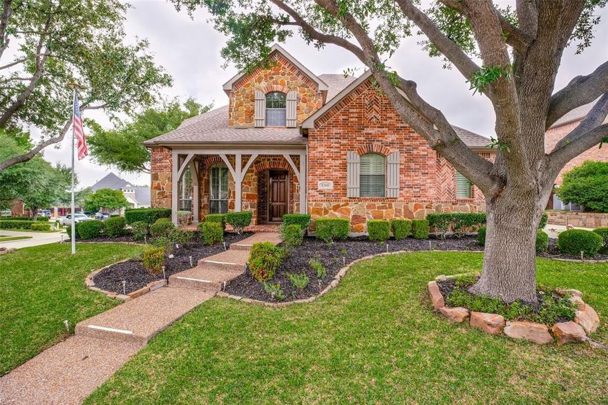 Welcome home to this stunning five-bedroom, four-and-a-half-bathroom residence nestled on a peaceful cul-de-sac in one of McKinney's most desirable neighborhoods. With over 4,100 square feet of beautifully maintained living space, this rock and brick beauty is ready to impress from the moment you arrive at the covered front porch.  Inside, you'll find freshly painted interior and brand-new carpet complementing gorgeous hardwood floors that flow seamlessly through the entry, living room, dining room, family room, and downstairs guest bedroom. Plantation shutters grace every downstairs window, adding elegance and warmth throughout. Awesome kitchen featuring granite countertops, a gas cooktop, double ovens, undercounter lighting, a spacious pantry, and a butler's pantry that makes entertaining an absolute breeze. The family room opens directly to the kitchen, complete with a cozy fireplace with gas logs — perfect for relaxing on cooler Texas evenings.  The primary suite offers a spa-worthy retreat with dual sinks, a jetted tub, a vanity loaded with cabinets and drawers, and a luxurious dual-headed shower.  Perfect layout with 2 bedrooms down and 3 bedrooms up all with walk-in closets.  A well-equipped laundry room with gas or electric dryer hookup, washer hookup, and a utility sink rounds out the thoughtful details that make daily life easier.  Inviting backyard with covered patio with timeless brick floor overlooking nice size backyard.  Located just minutes from parks, recreation areas, and open green spaces, this home delivers the ideal blend of suburban tranquility and convenient access to everything McKinney has to offer. Schedule your private tour today!