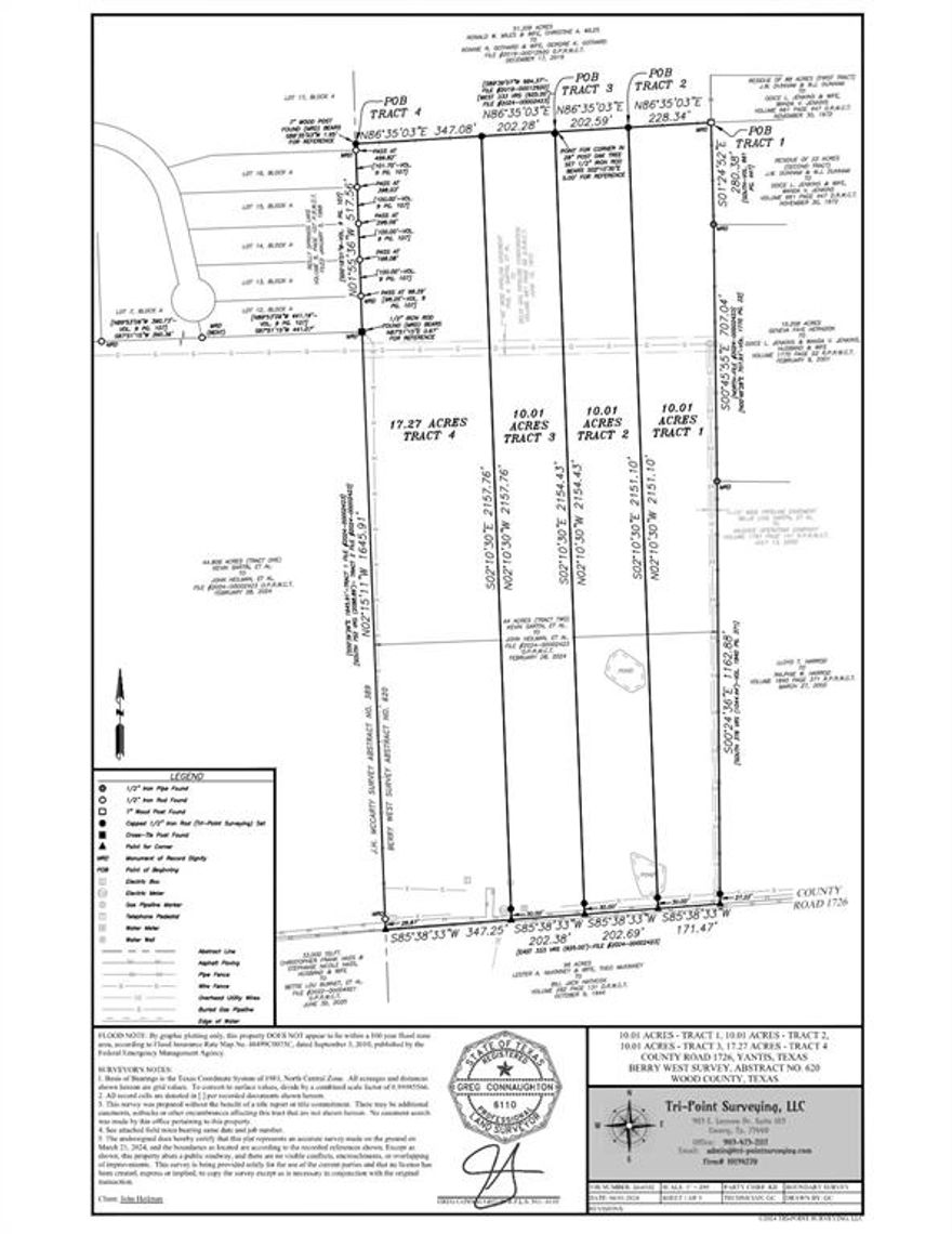 10-acre tracts for sale in Wood County, TX—part of a larger 92.106-acre property located at 410 CR 1726 in Yantis, just 2.5 miles west of town and minutes from a Lake Fork boat ramp off Hwy 154. These tracts are ideal for homesteads, with new doublewides allowed. The land sits on the corner of CR 1726 and CR 1727 with approximately 0.75 miles of road frontage and is currently in hay production with an ag exemption in place. A 6-inch water line runs along CR 1726 and a 4-inch line along CR 1727 per Lake Fork Water Supply. The entire 92 acres is also available for purchase as one tract.