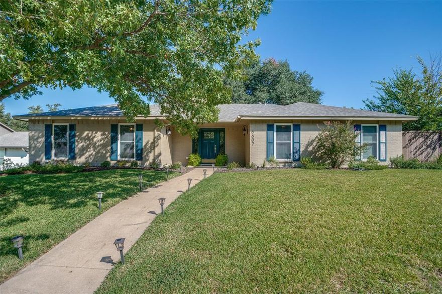 MOVE IN READY! UPDATED! 4 BEDROOMS! 3 LIVING AREAS! Over 2500 square feet of wonderful (2517 sq ft DCAD) with thoughtful improvements
+ updates that make this house the right house for today’s lifestyle.
Close to Kiowa Park trails, great shops+dining with easy access to everywhere on the Tollway, LBJ or Central Expy. Key Features and Highlights:  *Beautiful hardwood, tile+carpet flooring blend style and practicality with decorative moldings adding character and warmth to the spacious living areas  *The living-dining room at the front of the house with abundant natural light, flows together seamlessly for effortless entertaining with the kitchen just steps away  *Kitchen was totally renovated with every imaginable amenity for the gourmet chef or casual cook. Quartz counters, tile backsplash PLUS an entire LG ThinQ appliance package with gas range. All new cabinetry with custom features: soft close drawers, pull out spice rack, recycle bin, under cabinet lighting, customizable pantry+SO MUCH MORE!  *The comfortable family room with gas fireplace is sunny and bright with a double set of French doors open to the charming patio…a great place to gather  *Backyard oasis with new 6’ wood fence (2024), mature shade trees+lots of grassy area for pets and play  *The third living area is currently used as a home office and could be a great play room, exercise area or versatile space to meet your needs  *The split primary suite offers a private retreat featuring built-ins for display, French door patio access and a fully updated (2024) ensuite with walk-in shower and double vanity  *Additional three bedrooms in a separate wing provide flexibility for family, guest or hobbies; updated large hall bath. *MAJOR PEACE OF MIND ITEMS ARE HANDLED: NEW ROOF 2025; 5 TON TRANE AC installed 2024 and well maintained gas heating units.