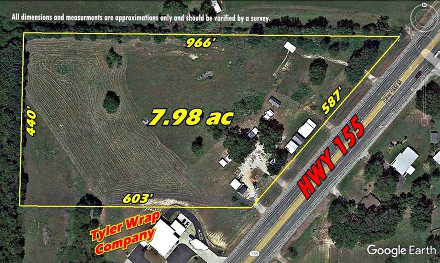 Nice level acreage with over 585' of HWY 155 Frontage, Seller currently has a lease with Winslow's Metal Buildings for a portion of thefront property. Septic, water and electric are all on a portion of the property from previous mobile home. This location has over 22Kcars pass by daily so with its close proximity to Toll Road 49 and Tyler, this will make for an excellent location for any commercial typebusiness. A portion on the front property sits within the Noonday City Jurisdiction so any Buyer should check with them for any zoningrequirements. The entire back portions do not have any zoning or restrictions on them.