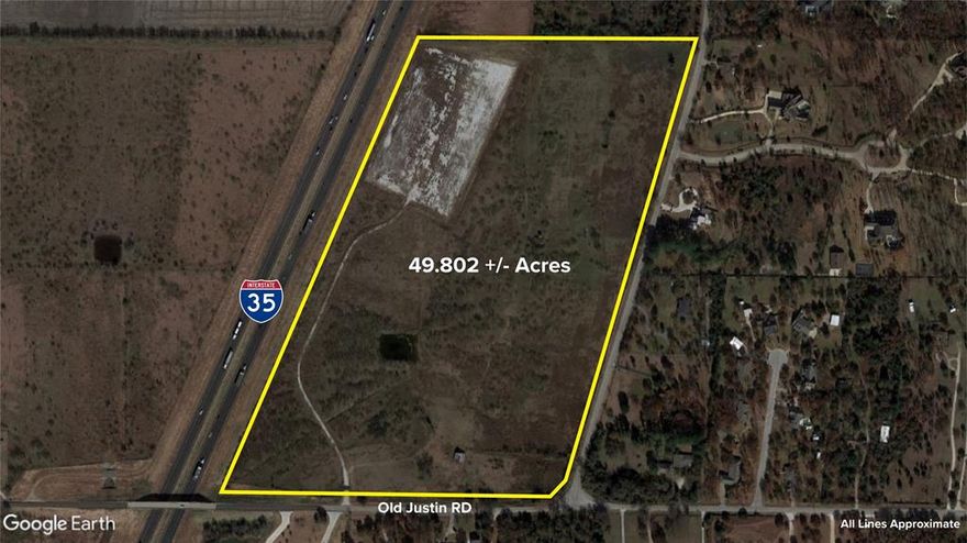 Approximately 49.809 acres on I35W in Argyle, TX.  Property has 1 hard corner, at Old Justin Road and C.Taylor Road.  This is a high-traffic area with tons of growth and development.  Currently zoned Community Services. Argyle water is available. Contract let date of December 2027 per TxDot for the service road.  Zoning change approval needs to go through the City of Argyle.