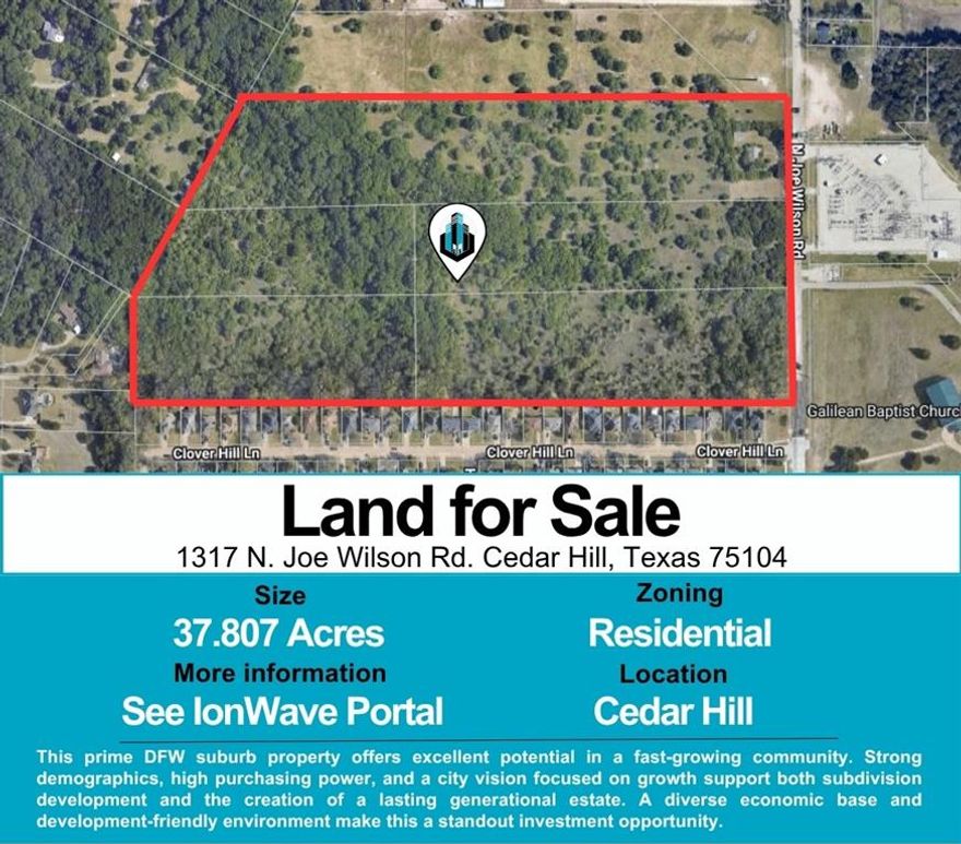 *** SEALED BID PROCESS***
Pursuant to § 272.001(a) of the Texas Local Government Code, Cedar Hill Independent School District, a political subdivision of the State of Texas (hereafter Seller) provides the public notice of the sale of real property and invitation to bid on real property owned by the Seller, Sale of Real Property, RFP 24-25-016.
 ***
DESCRIPTION: The property consists of 5 parcels (DCAD #16044500000250000, 16044500000240000, 16044500000240100, 16044500000230000, 16044500000230200) with a total site area of 1,646,873 SF (37.8070 AC). Property shall include all improvements to the Property. Property shall not include any personal property not permanently affixed to the land. 
 ***
Seller reserves the right to accept or reject any or all bids as Seller may decide or as provided by the Texas Government Code.  Seller reserves the right to extend the deadline or cancel the sale of real property at any time.
***
*** See Attached files for additional information ***
** Boundaries in images are approximate. Final boundaries will be provided with new survey