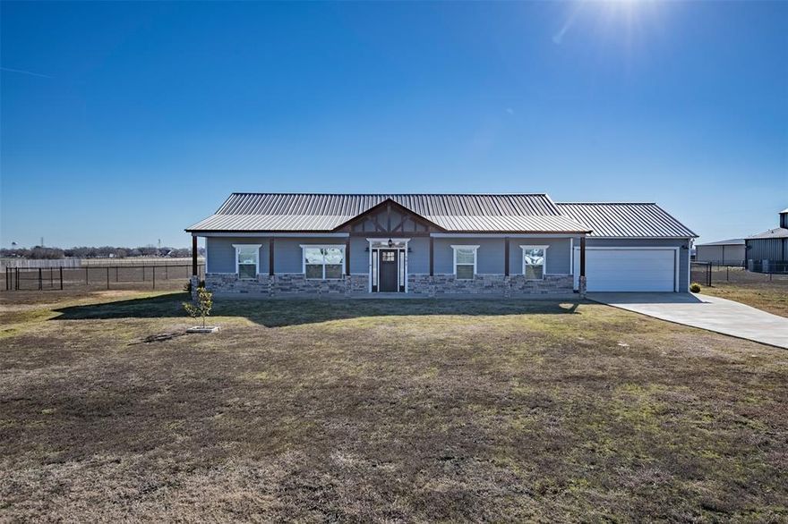 Charming 3 bedroom, 2 bath modern farmhouse with an office on 2+ acres in small town Italy, TX (about 45 minutes South of Dallas)! This custom home blends modern amenities with rustic charm.  Enjoy a spacious living area with 14' high ceilings, well appointed open concept kitchen, and a split bedroom arrangement. Extra large pantry, refrigerator stays. Endless possibilities with the land here, room to build more improvements if you need them (pool, shop, guest house etc). Park of back yard is fenced. Storage shed. Ideal for those seeking a retreat in the heart of a quaint town.  Own your little piece of Texas!