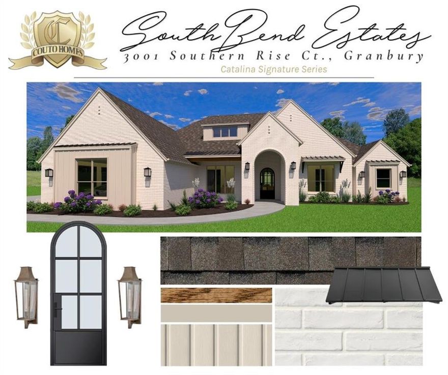 Built by award-winning Couto Homes, this Modified Catalina Signature Series residence is a striking showcase of refined design & thoughtful luxury in the gated SouthBend Estates community on Lake Granbury. Offering 3,431 square feet, this 4-bedroom, 3-bath home also features a private study, expansive game room, & a 3-car garage, all set on a generous 1+ acre lot with concrete streets & impeccable curb appeal highlighted a painted brick exterior featuring board & batten accents & distinctive metal awnings with a dramatic iron entry door. Inside, coffered ceilings crown the living room, anchored by a sleek cast-stone surround fireplace, creating a warm yet sophisticated focal point. The open-concept living, dining, and kitchen flow effortlessly, ideal for both intimate evenings & grand entertaining. The chef’s kitchen impresses with abundant storage, a blend of glass-front & solid Knotty Alder custom cabinetry, an oversized island with breakfast bar, gas cooktop, pull-out microwave, dishwasher, & a show-stopping walk-in pantry complete with appliance cabinet, open shelving, rollout drawers, & prep counter. The primary suite is a private retreat, boasting a spa-worthy ensuite with an elegant elliptical arch wet room featuring dual shower heads & a freestanding soaking tub for ultimate relaxation. Three additional bedrooms and two full baths provide comfort and privacy for family and guests alike. A spacious game room offers endless versatility, while the mudroom & well-appointed laundry add everyday convenience. Designer finishes & curated color schemes elevate every space. Open cell foam insulation with radiant barrier, 14 SEER HVAC system, stained tongue & groove porch ceilings, epoxy garage flooring, 10,000 SF pro landscaping, 492 SF of covered porches. Just minutes from Granbury & a short 30-minute drive to Fort Worth, this home delivers luxury living with effortless access to city conveniences, all within one of Lake Granbury’s most prestigious gated communities.