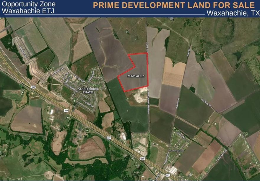 ±78.6ac Parks School House Rd. Waxahachie, TX --- Size: 78.681 acres --- Zoning: Vacant AG Land within both an Opportunity Zone and the Waxahachie ETJ (outside city limits) --- Utilities: City of Waxahachie CCN : Oncor Electric : Sewer in proximity (expansion for sewer is in the engineering phase as we speak) --- Promising investment or development tract conveniently located off HWY 287, 40 miles South of Dallas, and within the Waxahachie ISD school district