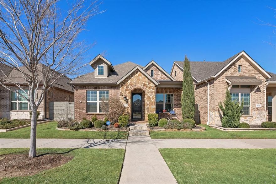 Beautiful single-story PATIO home situated in in highly sought-after Harvest community zoned for Argyle ISD! Lushly landscaped, the curb appeal will draw you in to find bright, inviting, spaces and luxury wood-like flooring. Spacious and functional floorplan with 8ft doors, offers two split bedrooms with shared bath, open concept living and dining areas and a kitchen with stainless steel appliances, large island and endless storage and workspace for the busiest of chefs. The private primary bedroom retreat features an oversized bathroom with shower and garden tub, double vanities and spacious walk-in closet.  The flex room can be used as an office, media room or dining room.  Relax on the covered patio yard for intimate gatherings, or enjoy access to The Porch, the HOA maintained amenity center across the street or relax by the 12-acre lake, also includes two 24-hour gyms, 4 pools, HOA events, parks and greenbelts with trails.