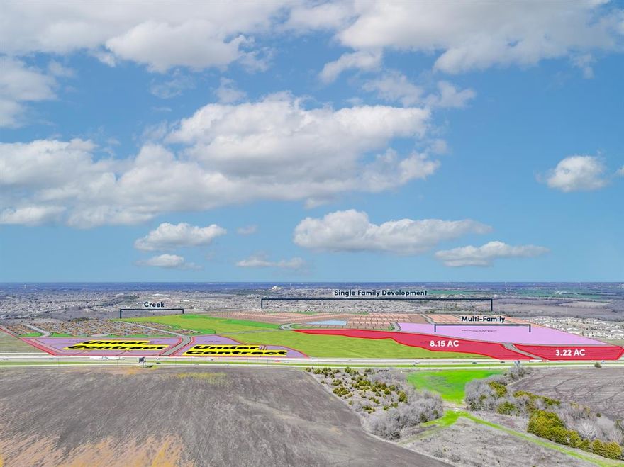 We are pleased to offer two lots totaling 11.37 acres, available for sale (Developer will subdivide). These properties will be equipped with sewer, water, electricity, and gas utilities stubbed, with internal access roads in place by developer. The lots are situated within the upcoming Parker Creek Mixed-Use Development, scheduled for completion in Q4 2026 with the neighboring I-30 frontage lots currently under contract. This development will encompass over 400 residential lots and multi-family housing directly north of the listed acreage. Ideally located along Interstate 30, all four parcels benefit from prime interstate frontage and are within three miles of the central business districts of both Royse City and Fate. The area features a variety of shopping centers, QSR, dining establishments, and other amenities, making it an ideal location for further retail development.