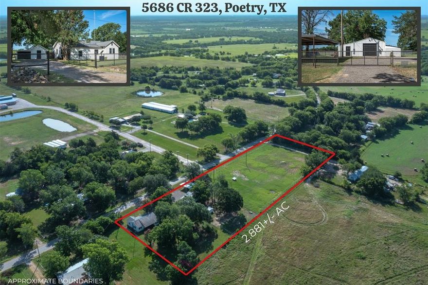THIS IS IT! In the highly sought after Poetry, TX, precious 3-bed, 2-bath farmhouse on almost 3 AC is perfect for animal, garden, & homestead lovers yearning for romantic rural lifestyle. Features spacious 45x25 workshop w electric, 35x25 oversized covered parking, 20x15 lean to, 5ft pipe fence, storage shed, electric gate, the backyard of your dreams overlooking sprawling pasture & massive pecans, oaks & pines. Home tastefully updated with modern finishes blended w rustic charm. Kitchen is light & airy opening into the living room, large dining area, office surrounded by windows, huge primary & stylish bathrooms. Experience the best of rural living w modern conveniences & plenty of space for your animals. Just 20 minutes to I-30 & I-20, a convenient commute any direction! Has tankless water heater & recently replaced or added aerobic system, HVAC, propane tank,appliances, electric panel, FAST fiber internet & tower w cell booster. Fridge included&furnishings available for additional $