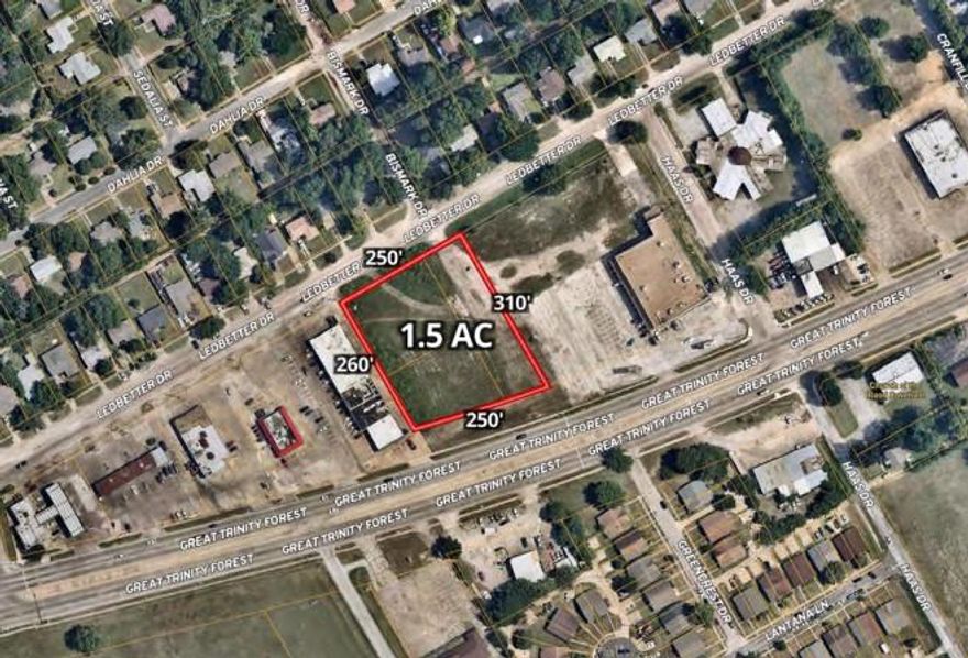 Prime 0.976 acre two tract commercial development site located along S Great Trinity Forest Way, Loop 12,  in southern Dallas. Zoned CR – Community Retail, allowing car wash use by right subject to DIR requirements, this site offers excellent visibility, strong traffic counts, and immediate proximity to established retail and service businesses. Positioned next to Bojacks Kitchen, the property sits in a growing corridor with easy access to Bonnie View Rd. and major transportation routes.

The site is entitled, and provides flexible development potential for retail, service, or automotive uses. Traffic counts reach 30,996 AADT on S Great Trinity Forest Way and 9,523 AADT on Bonnie View Rd., supporting strong customer pull. Surrounding demographics include 66,416 residents within 3 miles, with steady population density and accessible household incomes.