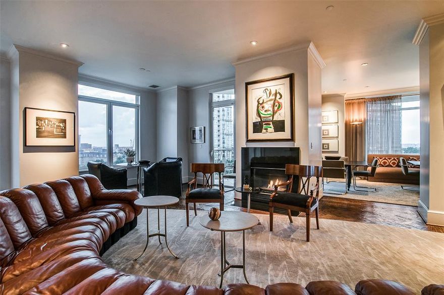 Spectacular three-bedroom residence meticulously designed and renovated by Neal Stewart. Floor-to-ceiling windows offer sweeping views of Downtown Dallas, Lee Park, and Turtle Creek. Dramatic open-concept living and dining areas have a gas fireplace, terrace, and the perfect lay out for entertaining. Amazing Chef’s Kitchen features a Thermador gas range, Sub-Zero refrigerator, and built-in wine fridge. The primary suite has a private terrace, his-and-her ensuite baths, and custom dual walk-in closets. Additional bedrooms have ensuite baths. One offers a private terrace, and the other has custom built-ins perfect for an in-home office. Fob-controlled limited-access elevator opens to the home’s foyer from both the lobby and the parking garage. Separate entrance to the service corridor and elevator. Residents enjoy access to great Vendome amenities including an amazing pool, cabanas, fitness center, and 24-hour concierge. Three reserved parking spaces.