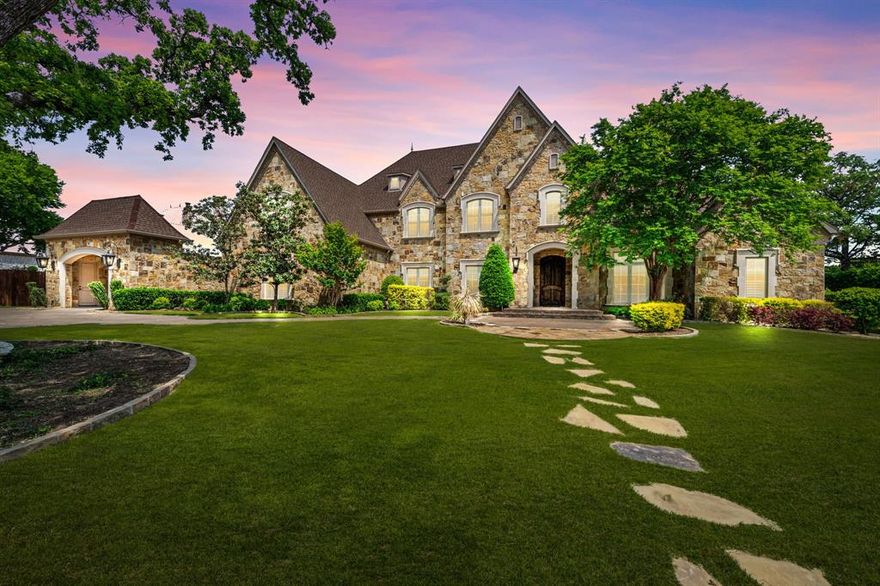Step into refined luxury in the heart of Colleyville with this private, 2-acre gated residence on Montclair Drive. The thoughtfully designed layout features two bedrooms downstairs and three upstairs, abundant storage throughout a 4-car garage, and an RV-Boat Parking area. The main level hosts a spacious owner's suite with adjoining exercise or flex room. Adjacent, a stately office provides a sophisticated workspace, while the kitchen, the heart of the home, boasts Thermador appliances. This true custom home offers high-end finishes and meticulous attention to detail. Upstairs, three additional bedrooms offer ample space and comfort for family or guests, complemented by a media room and game room for leisurely pursuits. Experience the epitome of luxury living in this meticulously crafted estate, complete with a stunning new pool and adjacent pool house, expansive outdoor entertaining area, and dedicated sports court, providing endless opportunities for active recreation right at home.