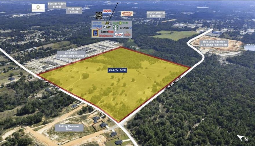 Vanguard Real Estate Advisors has been exclusively retained by Ownership to offer developers, builders, and investors the opportunity to purchase 96.57 acres located along County Road 46 in the Tyler ETJ. Located just outside of the Tyler city limits, the Site lends itself to a variety of uses as there is no zoning in place. Ownership has two potential Concept Plans for the Site; one for single family residential lots and the other for mobile home lots. Located less than a mile west of State Highway 110 (Van Highway) and less than two miles west of Loop 323, the Site is well positioned for a variety of uses to take advantage of the future path of growth. At $30,548 per acre, this is an excellent value for a development site in a rapidly growing market in East Texas.