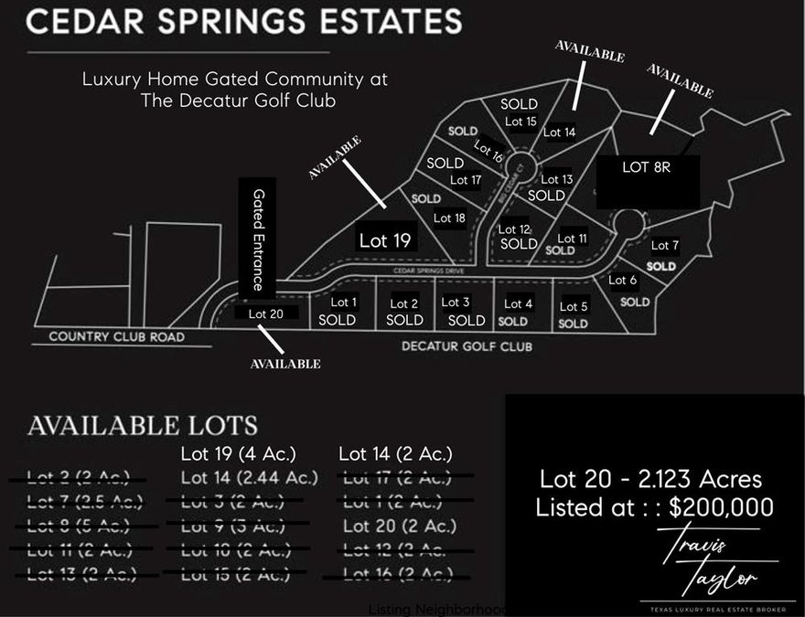 NEW LUXURY HOME GATED COMMUNITY IN DECATUR, TEXAS : Welcome to Cedar Springs Estates located on the Decatur Golf Club. Exclusive Custom Home Sites available for purchase starting at $200,000. Cedar Springs Estates offers a selection of unique amenities including direct access to the Decatur Golf Club and Club House, across the street from Hollis & Sue Jones Park and ball field's, as well as very close proximity to the Decatur Private Airport. Rest assured with extra level of security behind the community gates, Cedar Springs Estates is one of the few gated communities in Wise County. Play the 9 hole golf course, catch a ball game at the park, head to the private airport to get out of town all within a few steps of your home. A short drive to the Historic Downtown Decatur Square you will find fine dining and shopping. Enjoy privacy and seclusion on your 2+ acre lot surrounded by mature trees and landscape. Yet only minutes to Downtown Ft Worth, DFW Airport, Alliance, Southlake, Dallas.
