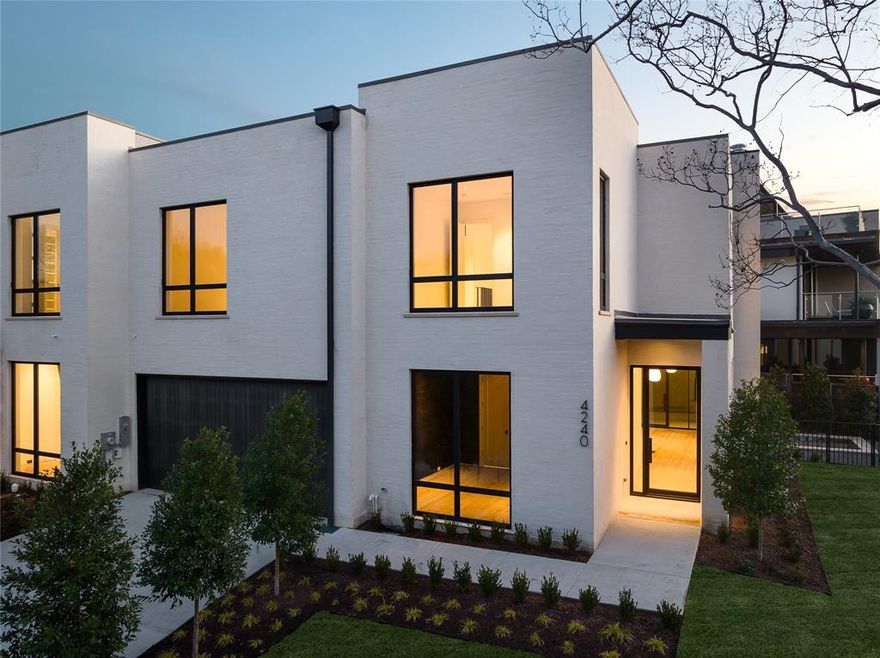 Welcome to your dream home, a masterpiece of modern design and luxury nestled on a secluded corner lot. This newly constructed, elevator-ready contemporary duplex offers 3 bedrooms, 3 full bathrooms, and a stylish half bath, perfectly blending sophistication with comfort.

Step inside to a serene oasis, created by Brant McFarlain Design, where a neutral color palette and expansive windows flood the downstairs with natural light. The versatile office or flex space is ideal for working from home, while the inviting living room, complete with a cozy gas fireplace, sets the stage for relaxation and entertainment. The heart of the home, a chef's dream kitchen, features top-of-the-line Wolf appliances, a walk-in pantry, and a chic coffee bar area.

Embrace indoor-outdoor living with a large covered patio that overlooks a serene plunge pool, perfect for unwinding after a long day. Venture upstairs to find a spacious game room equipped with a wet bar, making it the ultimate entertainment hub. All bedrooms are thoughtfully located on the upper level, ensuring privacy and tranquility.

The primary suite is a true sanctuary, featuring elegant glass doors that open to a sprawling terrace. Indulge in the ensuite bath, complete with his and her vanities, a massive walk-in closet, and a breathtaking glass enclosure housing a soaking tub and double shower.

Located just moments from Highland Park Village, Katy Trail, and Knox-Henderson, this home offers unparalleled convenience and luxury. Experience the perfect blend of modern sophistication and timeless comfort in this exquisite property.