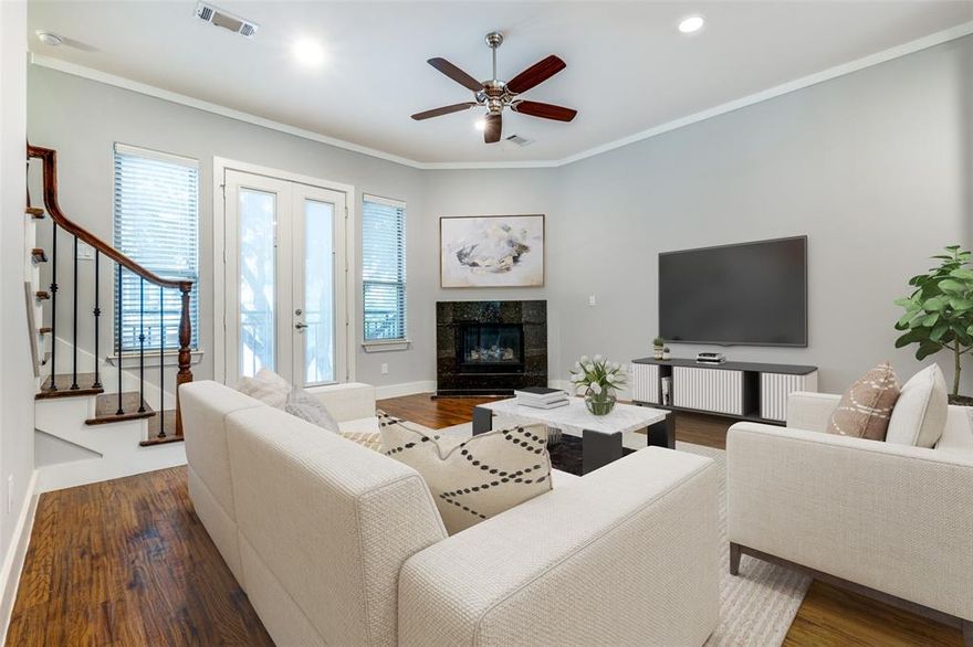 Look & Lease Special: Apply within 48 hours of touring and receive a $750 gift card after your first full month’s rent is paid!  Spectacular townhome featuring 2 bedrooms + a dedicated office + private rooftop patio in a gated community in the heart of Oak Lawn. As you step inside, the first floor has a perfectly sized home office, private two car garage, and laundry. The main level features an open floor plan, spacious living room with fireplace, Juliette balcony, tall ceilings, and hardwood floors. Beautiful kitchen offers stainless steel appliances, white cabinetry, granite countertops, wine fridge, and a pantry! On the third level, the primary bedroom has a walk-in closet and a pristine bathroom and an additional guest bedroom with ensuite bathroom. The fourth floor has a great rooftop patio with water and electricity connections! This townhome is conveniently located near many shops, bars, restaurants, & major highways to make your commute a breeze! Pet friendly community with dog stations. Pictures are of very similar unit.