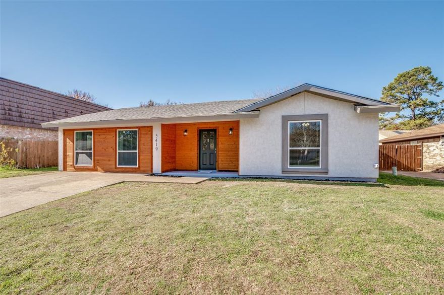 Lovely remodel. 4 bedrooms, 2 bath with large open concept living, dining and kitchen. Windows and Roof installed in 2023. Updates include paint inside and out, appliances, flooring, lighting, fixtures and more.  Living with Vaulted and beamed ceilings, French doors and fireplace. Master bathroom has double sinks. Large utility room. Backyard with patio and storage building. Buyer to verify room sizes, amenities and schools.