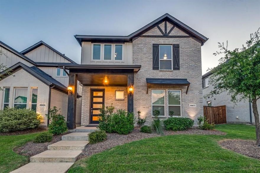 Welcome to your dream home in Frisco’s sought-after Lexington Park—where upscale design, energy efficiency, and unmatched amenities come together in perfect harmony. This beautifully crafted EAST FACING 4-bedroom, 3-bath residence with a game room and upstairs pocket office offers spacious two-story living flooded with natural light. Engineered vinyl plank flooring flows seamlessly through the living, dining, and kitchen areas, adding warmth and sophistication throughout. The gourmet kitchen is a true centerpiece, featuring quartz countertops, a designer tile backsplash, ENERGY STAR appliances, gas cooktop, built-in microwave, and under-cabinet lighting—ideal for entertaining or family gatherings. High ceilings and neutral tones elevate the home’s modern, open feel. The luxurious primary suite boasts a spa-inspired bath with a garden tub, separate shower, dual quartz vanities, and a large walk-in closet. A secondary main-level bedroom with a full bath offers flexible options for guests, in-laws, or a private office. Upstairs, enjoy a spacious game room and two additional bedrooms sharing a full bath—perfect for growing families. Thoughtful features include 15 SEER HVAC, PEX plumbing, insulated corners, vinyl low-E windows, ceiling fans in all bedrooms, blinds in all windows with automatic blinds in the living room, gas hookup for grill on back patio and smart thermostats for year-round comfort. The low-maintenance lot with included front-yard landscaping is perfect for busy lifestyles. Residents enjoy premier amenities: a clubhouse, fitness center, resort-style pool with splash pad and cabanas, playgrounds, scenic trails, and two expansive city parks. Zoned to top-rated Frisco ISD schools and minutes from The Star, PGA Frisco, Legacy West, Stonebriar Centre, and more—this home offers the ultimate in modern living. Come see it today!!