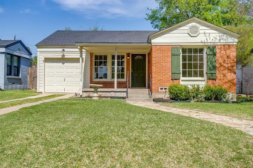 Adorable brick cottage next to the Arlington Heights Baseball fields. This charming home has been updated, but maintains all its original character.  The wood floors have been refinished and there is a covered front porch.  The 2 bedrooms flank the hall bath. The small, but efficient kitchen has been updated with new cabinets, countertop and appliances.  There are new wood French doors that open from the dining room to the oversized back patio.  The out-building is a true man-cave. It was insulated and has room for your flatscreen TV, sofa and game table. The wall unit keeps it cool even in hot Texas nights. This would make a perfect office, home gym or even homeschool room. The 1-car attached garage has an additional washer and dryer connection as well as room for 1 car and all your tools. Finally, there is an additional 2-car carport in the back with alley access. Come enjoy life in this classic Fort Worth neighborhood that is convenient to everything. Buyer and Buyer's agent are responsible for confirming room sizes and schools.