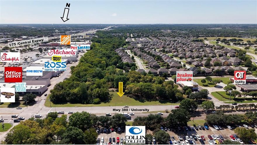 Tremendous opportunity on University Dr (Hwy 380) in McKinney for a retail building, automotive repair, child care facility, restaurant or many other commercial uses. Property is just shy of 1.5 acres with frontage on 380. This tract is flanked by trees in back and would make a very nice retail, office or restaurant location. The perfect blend of high visibility and quaint surroundings. The fringes in the back of the property are in the flood plain but should be well within the building setback area. Very high traffic counts and incredible visibility.