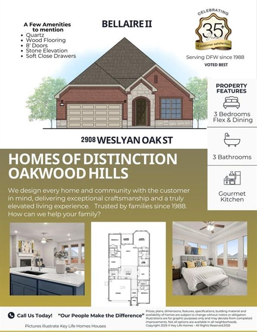 MLS# 21098294 - Built by Key Life Homes - Jan 2026 completion! ~ Enjoy this spacious luxurious three (3) bedroom, three (3) bathroom, open kitchen, eat in island, dining room, cover patio, and a great flex space that could also be used for and office.   Oakwood Hills Homes of Distinction Series is a centrally located luxury master planned community by Key Life Homes.  These homes offer superior craftsmanship, thoughtful design, and exceptional energy efficiency.  Each home is also third party inspected and rated to meet rigorous building and construction standards, ensuring long term comfort and savings. Features for this home include designer brick elevations, 8’ doors, quartz countertops, soft close cabinetry drawers, energy saving appliances, energy saving built home, and elegant lighting throughout 100% LED. The open concept layout highlights quality finishes, ceramic tile flooring, and a wood flooring. Enjoy high efficiency 15.2 SEER HVAC, programmable thermostat, and Low-E windows for year round efficiency. Exterior items include sprinkler system, fencing, and fully irrigated and sodded yard. Key Life Homes has building better homes since 1988.  Come see us!  Call Ken today to schedule a tour of this home being built!