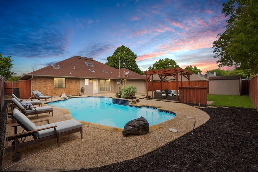 No HOA! 200 Sunny Crest Dr in the Timbers 3 community of Murphy, Texas offers a single-story home with 3 bedrooms, 2.5 baths, 2,191 square feet, a 2-car garage, and a private backyard with an in-ground pool and spa on an interior lot. This property features a functional one-level layout with multiple living areas, including a main living room with gas log fireplace, a secondary living or game room, and a sunroom or flex space. Hardwood and Ceramic Tile flooring throughout. The kitchen includes granite countertops, white cabinetry, electric cooktop, oven, microwave, dishwasher, and a breakfast area connected to a formal dining space for additional functionality. The primary suite includes dual sinks, a jetted tub, separate shower, linen storage, and walk-in closets. Additional bedrooms are well-sized with access to a full bath and a separate half bath for guests. Recent updates and improvements include a new HVAC system with updated ductwork completed in 2023, new water heater installed in 2025, new interior paint in 2026, and updated blinds in multiple areas of the home. Pool equipment updates include a new pump and vacuum in 2024 and replaced skimmers in 2026. Additional upgrades include custom fireplace doors, storm doors added in 2025, and enhanced landscaping. The backyard includes an in-ground gunite pool and spa combo, extended patio with pergola, landscaped yard, sprinkler system, storage, and gated driveway access with RV or boat parking capability. Located in Murphy, Texas with convenient access to major roadways, retail, dining, and services throughout Collin County and the surrounding North Dallas area.