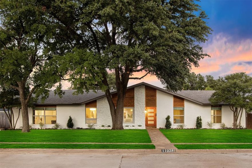 Remodeled Mid Century Modern Style Ranch home in the established Glen Cove Estates neighborhood located in the coveted private school corridor has a fresh face lift with high-quality finishes, warm color palette and large windows allow for an abundance of natural light.  The flexible split floor plan could mean 5 usable bedrooms, or 4 bedrooms and 3 distinct living spaces! Open concept living allows sight lines to extend from the kitchen through formal dining and into the family room. The den features a large stone fireplace and French doors leading to screened-in patio perfect for entertaining. Swing drive to the rear entry garage means extra privacy and extra parking. Wooden fenced yard with extra green space in the back yard is a blank canvas for your gardens, playscape and or even a possible pool.  Location convenient to public and private schools, ample shopping and restaurants, Galleria, Brookhaven Country Club, Glen Cove Pool, Love Field, 635 and Dallas Tollway.