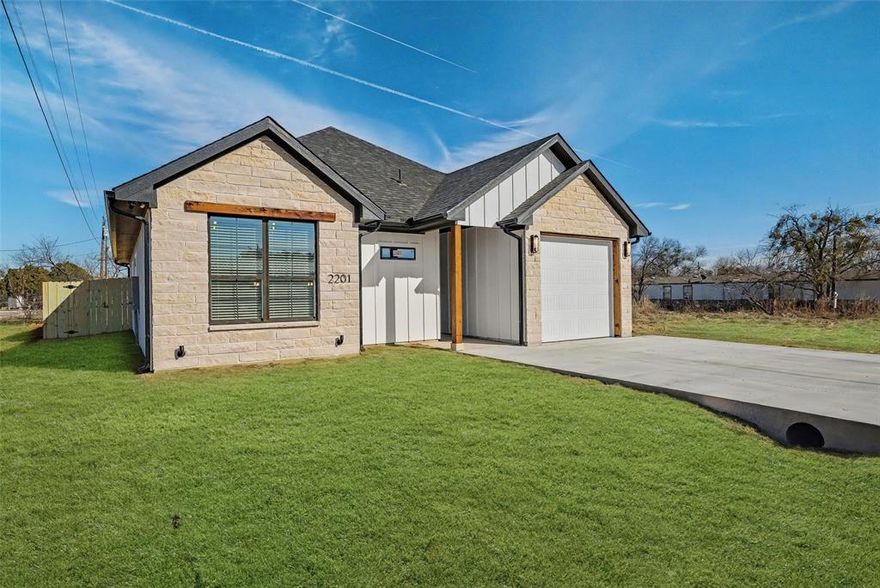 Welcome home to this brand new construction home completed in 2026 by one of Hood Counties premier home builders and local resident! Everything is included in this new home! Loaded with upgrades! 3 bedroom, 2 baths, 1441 square feet, garage, and so much more! Walk into this elegant home and find beautiful colors, an open and very functional layout, and attention to detail throughout! Walk through the front door and you walk into a beautiful entry foyer. Inside this foyer you will find beautiful wood look tile flooring and an oversized built in desk with built in cabinets, shelves, and a lot of desk counter space! From the foyer stroll into the beautiful and large living room. Living room features high ceilings, an engineered wood ceiling beam, wood look tile flooring, a decorative built in electric fireplace, ample windows, and more! Just off the living room is the spectacular kitchen! Quartz countertops, large kitchen island, tons of beautiful white cabinets, pantry, a separate coffee bar, and full stainless appliances. Refrigerator, cooktop stove, dishwasher, built in microwave. Now checkout the large primary bedroom! Primary bedroom features wood look tile flooring, ceiling fan, beautiful windows, and an ensuite primary bathroom. Primary bathroom is amazing! Quarts countertops, double sinks, separate commode area, and an oversized walk in shower. Bedrooms 2 and 3 are split bedrooms with walk in closets, wood look tile flooring, and ceiling fans. Separate utility room with full size washer dryer space as well as a built in shoe rack, bench, and coat backpack hangers. Interior also includes 2 inch white wood faux binds on the windows. Exterior of home features sod, gutters, a wood privacy fence, concrete driveway, garage with opener, beautiful cedar wood accents, stone accents, and siding. Covered front and back porches perfect for sitting and relaxing. This home is located on a very private corner lot. Neighborhood features community pool, lake access, and more!