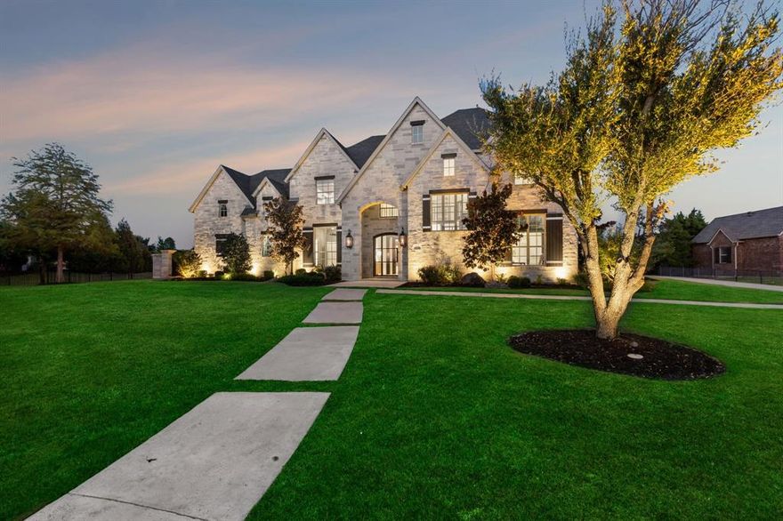 Custom-built home by Jeff Pfeifer offers 5 beds, 6 baths, nestled on a sprawling 1.5-acre plot. The property boasts an array of amenities including a sports court, football field, & a heated pool with a spa. Enjoy evenings around the fire pit with built-in seating or relax in comfort with the outdoor remote-control sunshades. A well for irrigation ensures lush landscaping, while the outdoor kitchen is perfect for al fresco dining. Inside, the primary suite, secondary bedroom with ensuite bath, & office are conveniently situated on the 1st floor. Upstairs, 3 generously sized bedrooms with vaulted ceilings & ensuite baths offer privacy and comfort. Gather in the combined kitchen & family room with a stone fireplace & custom built-in or unwind in the expansive game room illuminated by floor-to-ceiling windows. This home boasts hardwood floors, tall ceilings, and designer lighting, creating an ambiance of elegance & warmth. Located within the esteemed Prosper ISD, this home is a must see!