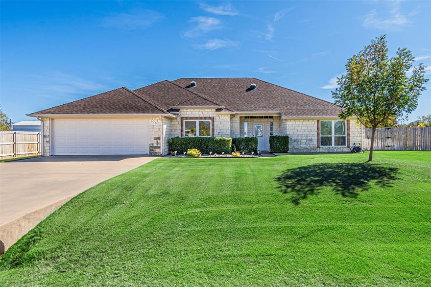 Step into this exceptionally maintained home offering an open and airy floor plan thoughtfully designed with every detail in mind.

Come home to a spacious living room filled with natural light thanks to large windows and stunning skylights. This oversized gathering space features a cozy propane fireplace as the focal point, creating a warm and inviting atmosphere perfect for relaxing or entertaining.

The spacious kitchen is a true standout, featuring granite countertops, bar top seating, and plenty of storage. Additional interior features include vaulted ceilings with crown molding, dual sinks in the guest bathroom, linen closets, and a flex space that is currently used as an office! The flex space could also be used as a dining area or easily converted into a 4th bedroom. All of the bedrooms includes walk-in closets, providing ample storage and convenience for the whole family.

The large master suite is a true retreat with a beautiful view of the backyard, room for a sitting area, walk in closet, and a luxurious master bathroom complete jetted tub, dual sinks, separate shower and a relaxing atmosphere that makes unwinding easy.

Outside, enjoy a Texas sized covered patio complete with pergola, planter boxes, and ceiling fans—perfect for entertaining, grilling, or quiet evenings at home. The property also includes an impressive shop equipped with electricity, air conditioning, heat, spray foam insulation, and is ideal for hobbies, storage, or a workspace. The golf course like lawn is complete with a full sprinkler system for both the lawn and raised flower beds.

This home truly has it all—space, comfort, and thoughtful upgrades inside and out. ROOF is approximately 2 years old and HVAC is approximately 6 years old.