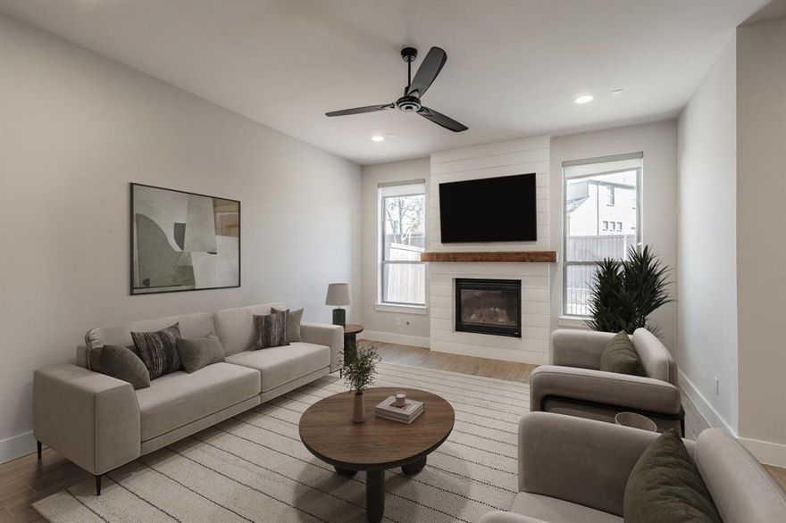 Welcome to this contemporary townhome located in one of North Dallas’s most desirable communities, University Place. This vibrant neighborhood is known for its amenities, offering residents access to sparkling swimming pools, dog parks, a fully equipped fitness center, shared office and work spaces, scenic greenbelts, and a full calendar of community events that make everyday living feel elevated and connected. Inside, the entire first floor features elegant tile flooring designed to resemble wood—offering the warmth of natural finishes with the durability and low maintenance of tile. The open-concept layout seamlessly connects the living, dining, and kitchen areas, creating an ideal space for both entertaining and everyday life.
The kitchen is a true centerpiece, boasting an expansive quartz countertop perfect for gatherings, meal prep, or casual dining. A plethora of cabinetry provides abundant storage, complemented by two separate pantries for exceptional organization. A convenient mud area adds function and practicality. Step outside to a low-maintenance backyard with additional patio space—perfect for outdoor dining, lounging, or adding your favorite patio furniture for relaxing evenings at home. The epoxy-finished garage is both stylish and functional, featuring built-in shelving, dedicated bicycle storage, and a whole-home water filtration system—an added luxury that enhances comfort and peace of mind. Upstairs, all three bedrooms are thoughtfully positioned alongside a conveniently located laundry area. The spacious primary suite offers a true retreat, complete with a large walk-in closet and a beautifully appointed ensuite bathroom featuring dual sinks, a generous walk-in shower, a private water closet, and a linen closet for added storage. With modern finishes, smart design, and access to unmatched neighborhood amenities, this townhome delivers low-maintenance luxury living in one of North Dallas’s most sought-after communities.