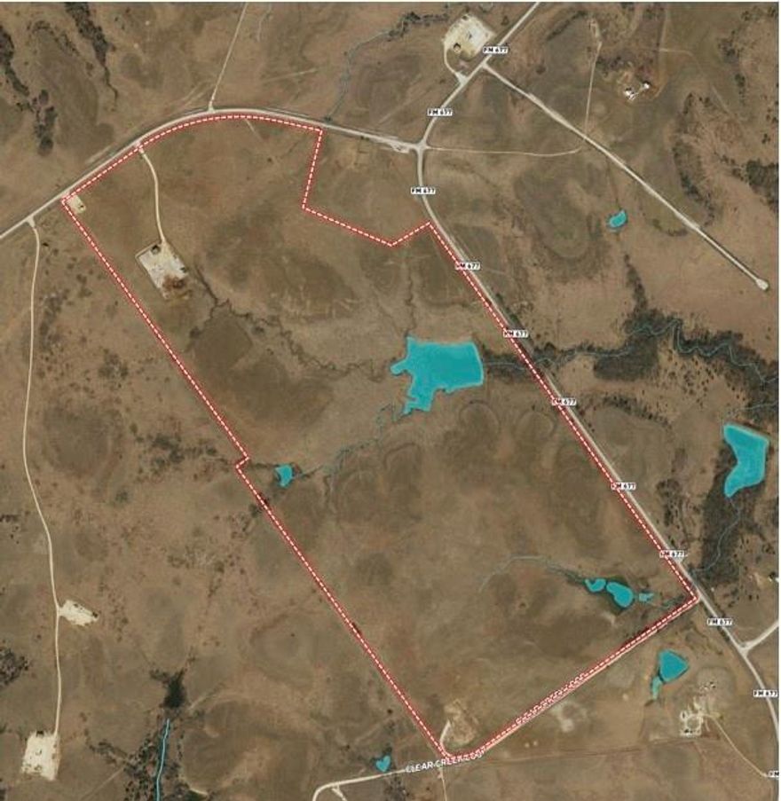 Located 1 mile southwest of the city limits of Saint Jo, TX in Montague County at the intersection of FM 677 and FM 3206
Approx 3,592' of frontage on FM 677.  Approx 2,363' of frontage on Clear Creek Loop Road (a gravel county road) and approximately 2,262' of frontage on FM 3206 for a total estimated road frontage of 8,217'.
3 ponds located on the property, include a 5 acre and a 2.25 acre lake.
Pentex Energy has power lines on the property.
No mineral rights will convey, and there is production on the property.
Gently rolling topography with elevations from 1,200' to 1,160'
Currently ag exempt with 2024 taxes being $222
Used exclusively for cattle grazing since 1978, this property could be developed and subdivided.
 Electric, pipelines, and mineral easements in place.