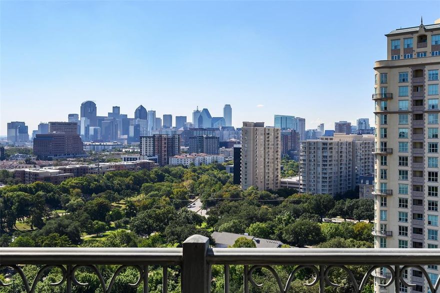 Splendid site lines lead to picturesque downtown skyline in this sensational condominium atop the Vendome on Turtle Creek. Park Cities Contractor remodeled this fashionable space with attention to every detail. The unit boasts a re-configured kitchen appointed with Miele appliances and Sub -0- refrigerator-freezer. Book matched marble surfaces walls and counters. The primary features a wide reading nook hallway, two walk in closets, sumptuous bath with tub and shower and expansive counter surface, and the signature 'box window' of the E unit, surveying the NW skyline. The ancillary bedroom, secured by pocket doors duals as a library. It is accompanied by an ensuite bath. Museum wall finishes compliment the architecturally designed wall panels. Panels conceal an extensive amount of storage space. A dramatic powder room flanks the foyer upon entrance.  residents of the Vendome enjoy five-star amenities, including the 24-hour valet and concierge, a resort style pool with cabanas and gazebo, a fitness center, elegant community rooms and an uncompromising security. 17 E enjoys 2 parking spaces, conveniently situated off the elevator and a storage locker.
