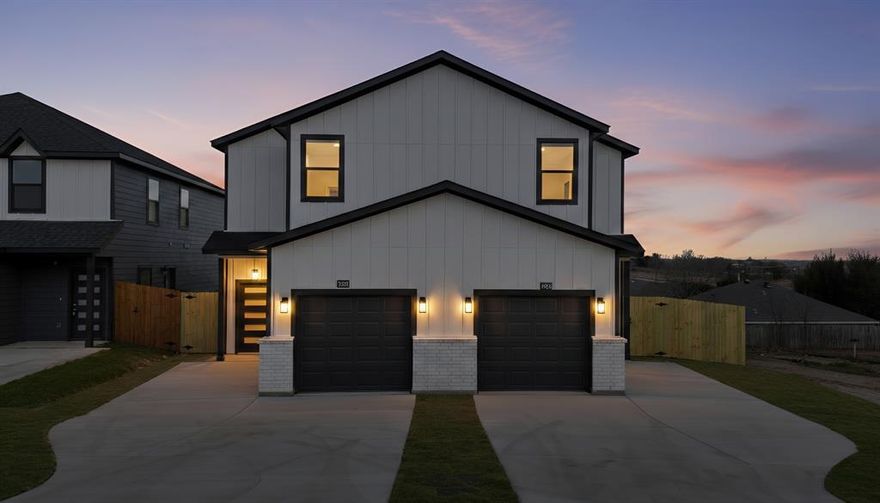 Ideally located 15 minutes from downtown Fort Worth, this brand-new 2025 full duplex offers modern design and a thoughtfully planned layout. The main level features an open-concept living space that seamlessly connects the living room, dining area, and kitchen—creating a comfortable setting for both everyday living and entertaining. The primary bedroom is tucked away in the corner of the first floor, providing added privacy, while a convenient half bath on the main level is perfect for guests. Upstairs, three additional bedrooms and a full bathroom offer flexibility for family, guests, or home office needs. New construction, functional flow, and a central Fort Worth location make this property a standout.