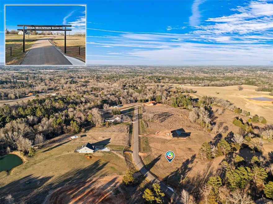 Star Mountain Ranch is a scenic retreat in East Texas, offering peaceful ponds, trees, and a quiet lifestyle. This gorgeous 4.00 acre home site is prepped and ready to build on! Peaceful home sites near shopping, dining, and medical facilities,with easy access to outdoor recreation. The property features high-speed fiber-optic internet for remote work and city water access. Build your dream home or getaway today!