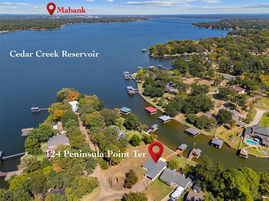 Discover a remarkable opportunity at Cedar Creek Lake, nestled in a coveted location near Gun Barrel City and all essential amenities. This home boasts breathtaking waterfront views from almost every window, bathing the interior in abundant natural light. Situated on an expansive lot and a half, it features 54 feet of water frontage, providing ample space for entertaining. Positioned perfectly on a large cove just three houses from the point, this home enjoys protection from harsh waves, making it an ideal spot for kayaking, paddle boarding, and serene boating. The calm waters offer a safe and easy launch for your boat, with easy access to open water just around the corner. The perfect water position. This three-bedroom, two-bathroom residence spans over 1,600 square feet and presents a superb open-concept floor plan. The spacious living area, complete with a fireplace, seamlessly integrates with the dining room and kitchen, creating a fantastic space for entertaining and Located within the desirable Mabank ISD, this property presents an unparalleled chance to secure your dream lake home. Don’t miss out on this extraordinary opportunity! Lots of recent updates and a great open back patio with amazing views. SELLER WILL LEAVE ALL FURNISHINGS with an acceptable offer. That way, you are all ready for VRBO or furnished, so you can just enjoy!