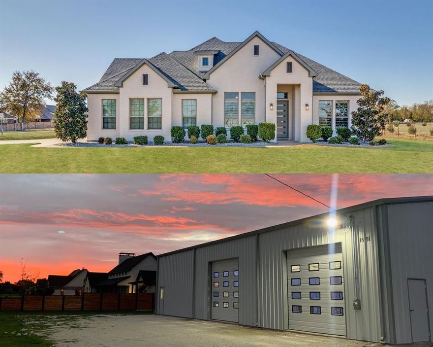 One-of-a-kind modern farmhouse custom built by Owens Warford offering luxury living with a massive 5,250 sq ft climate-controlled insulated steel shop on over an acre in Van Alstyne ISD. The open floor plan features 4 bedrooms or 3 plus a study and 3 full baths with extensive luxury vinyl plank flooring, rounded corners, beamed ceilings, plantation shutters, and a spacious family room with brick fireplace and wall of windows. The chef’s kitchen includes a large prep island, breakfast bar, gas range, stainless appliances, quartz and granite countertops, and walk-in pantry. The private primary suite offers a spa-inspired bath with freestanding soaking tub, oversized walk-in shower, dual sinks, and direct laundry room access through the custom closet. Three generous secondary bedrooms provide space for family or guests. Additional highlights include a mud room, tankless water heaters, solid core doors, and farmhouse style trim throughout. The oversized 3-car garage and extended driveway provide ample space for vehicles, trailers, and equipment. Enjoy peaceful country living with a covered patio and open yard. The standout steel shop built in 2022 offers 5,250 sq ft with full insulation, central heat and AC, 22 ft ceilings, two 14 ft overhead doors, LED lighting, and a half bath. This versatile space is ideal for hobbies, car collections, equipment storage, RV or boat storage, a home gym, workshop, or creative studio. With no HOA, MUD, or PID and horses and chickens allowed, this property offers room to spread out and enjoy country living just 1.8 miles from Hwy 75 with convenient access to Anna, McKinney, and Frisco.