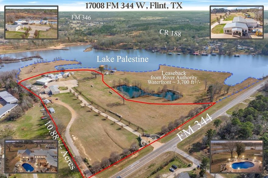 SPECTACULAR LUXURY ESTATE with 9,442 total livable SQFT and nearly three fourths mile of Lake Palestine frontage. Exceptional 10.88± ac property includes additional 10± ac leased through the Upper Neches River Authority. Ideal for multi generational compound, corporate retreat, event venue, development opportunity, or to live & operate your business with no known restrictions. Grand custom rock electric entry & concrete drive welcomes you to the main residence, guest housing, workshops, apartment, & resort style outdoor living areas with abundant parking. 6,900± square foot primary home is spray foam insulated for energy efficiency and designed for large scale entertaining with expansive living areas, oversized rooms, abundant storage, & refined finishes throughout. Custom chef’s kitchen features maple cabinetry, granite countertops & premium appliances. Luxurious primary suite overlooks the pool & lake and offers enormous closets, dual bathrooms, oversized custom shower, and 2nd utility room. 2nd primary suite provides ideal accommodations for guests or extended living. Outdoor living rivals a private resort with a $50k commercial grade kitchen, pool, spa, and dedicated bath and shower house. Additional amenities include a generator, private dock, boat ramp, stocked pond, quality hay pasture, and extensive concrete parking. Improvements include a 70x40 workshop with paint booth, 40x35 workshop with electricity, 75x50 insulated shop with electricity, air conditioning, automatic garage doors, and 16 foot insulated roll up doors, a 50x30 covered parking structure, a 974 SQFT one bedroom apartment, and 1,560 SQFT, 3 room, 2 bath office or guest residence. Conveniently located just 15 min to Tyler’s medical district & shopping, 20 min to Tyler Airport,& approximately 1.5 hrs from Dallas. Furniture & select personal property negotiable. Wake up to panoramic lake views, entertain on a resort scale, and own one of the most private premier waterfront estates in East Texas.