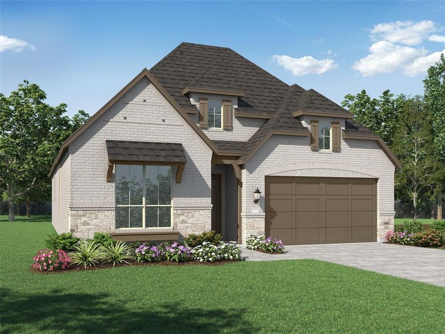 Elevation R, primary bath with contemporary freestanding tub & separate shower, entertainment room with powder bath in lieu of bedroom 4 & storage, bay window option in primary bedroom! Extended covered patio & 5' in depth added to garage! Light brick upgrade, white windows & black shingles. Brick fireplace extended to 10'!