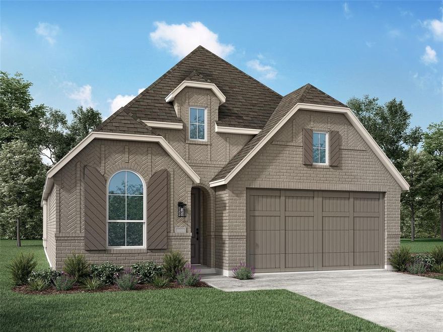 Elevation P on premium corner lot with 2.5 car wide garage! Optional study with powder bath & linen closet in lieu of bedroom #4 & storage. Primary bay window extension & contemporary freestanding tub with separate shower in primary bath. Extended covered patio! Light brick upgrade with black windows & onyx shingles. 10' brick fireplace!