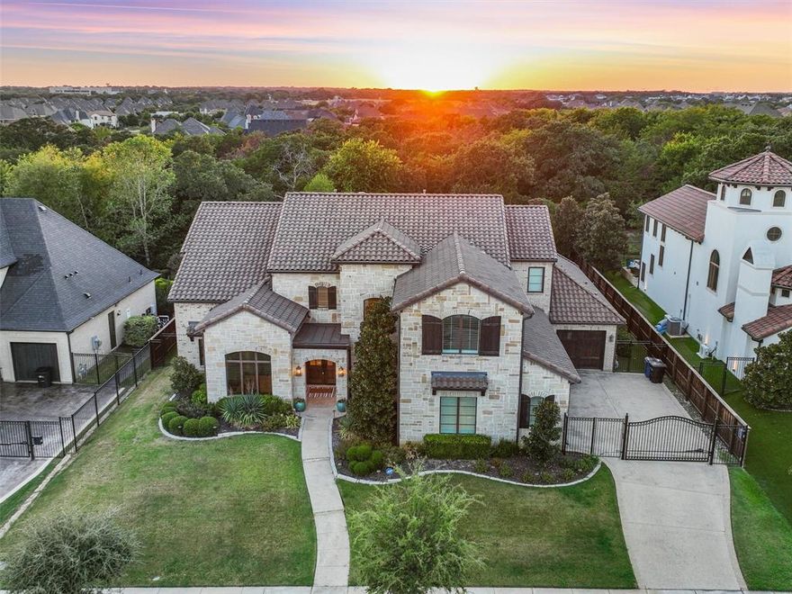 Welcome home to this Stunning Southlake home in Carillon, backing to the Green belt! Step inside to a dramatic foyer with a see-through fireplace and grand staircase. The well-designed floor plan includes a 1st floor spacious Primary BR w spa bath & custom luxury closet system w glass handbag display, lockable jewelry drawer & plush carpet , private Guest Suite, private Study + Media equipped w new projector, screen & speakers. The inviting open concept liv area boasts a fireplace, abundant built-ins & french doors to outdoor liv. The gourmet Kitchen boasts a built-in fridge, gas range, dbl oven, micro & granite ctops, large island perfect for culinary enthusiasts. Formal Dining has serve bar w wine fridge. Upstairs, discover 3 generously sized bedrooms each w walk-in closets & ensuite baths, along w large Game room featuring a serve bar. 2 XL walk-in unfinished storage closet. Outdoor oasis w sparkling pool, living + kitchen area, auto shades, flat-screen wiring + a putting green!