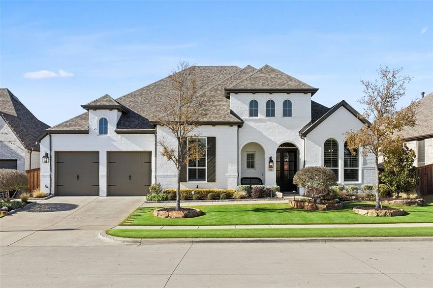 Welcome to this exceptional one-story home offering resort style living, flawless interior finishes, and features rarely found at this price point. Adding to its appeal, this floor plan is truly unique, with only two homes like it in the neighborhood. This is a rare opportunity for discerning buyers. From the moment you arrive, the painted brick exterior, architectural arches, and inviting front porch create timeless curb appeal. Inside, the open concept layout is filled with natural light and anchored by a spacious living area with LVP flooring and a stone fireplace. The kitchen is a true centerpiece, featuring a large island, quartz countertops, stainless steel appliances, gas cooktop, pot filler, and walk-in pantry, perfect for entertaining and daily living. The private primary suite offers a relaxing retreat with views of the backyard, and a spa inspired bathroom complete with a soaking tub, oversized walk-in shower, dual vanities, and generous closet space. Secondary bedrooms provide flexibility for family, guests, or flex space. You’re going to love the layout of this home with its dedicated home office, media room and the well-equipped laundry room. Step outside to an impressive backyard designed for year-round enjoyment. The covered patio features electric shade screens, creating a comfortable outdoor living space in every season. A sparkling pool, multiple seating areas, and room for outdoor dining make this backyard ideal for entertaining or unwinding at home. Plus, there’s still plenty of yard for pets and play. Located in a master planned community of Sandbrock Ranch, offering an on-site elementary school and extensive amenities including pools, fitness center, walking trails, greenbelt space, playgrounds, dog park, and community gathering areas, this home offers an elevated lifestyle. Don't miss the opportunity to own a distinctive home with a pool and premium features in a highly desirable neighborhood.