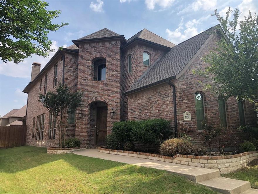 Enjoy this stunning Shaddock home in Village of Stonelake with exemplary Frisco schools!5 Bedrooms 4 full Baths, Formal dining,Office,Game room and Media. Extra high ceiling throughout 1st floor. You will love the open living room, breakfast and kitchen with continued windows maximizing the backyard view and natural sunshine. Relax in the vaulted ceiling master suite upstairs with plus size bath with garden tub, tile shower and large closet. Arch formal dinning,Guest bedroom with full bath and study downstairs.Gourmet kitchen with oversize island, gas cook-top and large walk-in pantry. Laundry room with extra space for another refrigerator. Relax at the covered patio with a spacious backyard. Upstairs game room and media room are perfect for family entertainment. 3rd bedroom with a private bath. 4th and 5th bedrooms shares a Jack n Jill bath. Great community parks and pool.(The separated 3rd garage is used by landlord as storage and is not available for tenant)