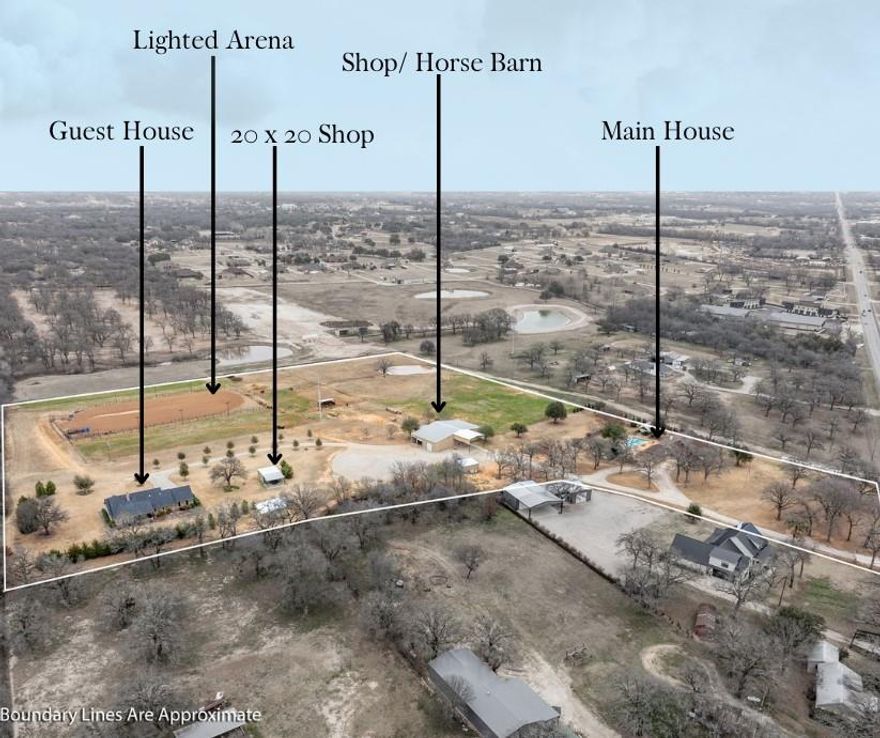 Located just minutes from Teskey’s, major shopping and dining in Weatherford, and only 40 minutes from Will Rogers Coliseum, this 11.4-acre equestrian property offers exceptional facilities and comfortable living.

The property features a 275' x 150' lighted roping arena and a 4-stall barn with turnouts, plus three shop bays with roll-up doors, a tack room, storage room, and a break room with a bathroom—designed for both convenience and efficiency.

The main residence spans 3,094 square feet with five bedrooms and three bathrooms, offering spacious living areas and a private backyard with a pool and cabana. A 1,800-square-foot second home provides additional living space with two bedrooms, 2.5 bathrooms, and modern finishes.

This well-equipped property is ideal for serious horse owners looking for a prime location with top-tier amenities.