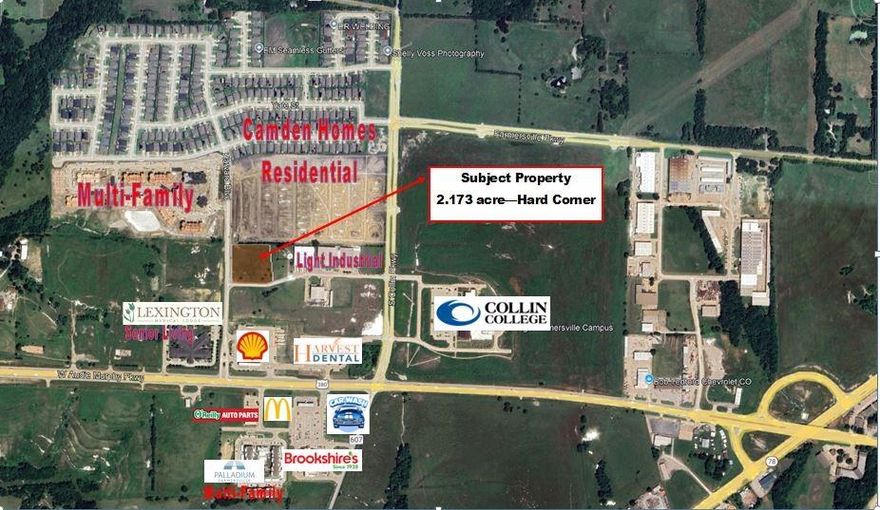 This premium corner 2.173 acre tract is one of the last available lots in Murphy's Crossing Commercial-Industrial Park. Located on Harvard Blvd, behind the bustling 'Farmers Food and Fuel Market' on the North side of busy Highway 380. Your other neighbors include Lexington Medical Lodge across the street, a strip center featuring Hunt Regional Urgent Care among others, and the Farmersville campus of Collin College just a couple of blocks away. Neighbors on the South side of Hwy 380 include Brookshires, O'Riley Auto Parts and a newly opened McDonalds. Harvard Blvd has an attractive, well maintained entrance off of Highway 380, and a business located here would also enjoy drive-by traffic from the neighboring Camden Park subdivision and new Fountainview apartment homes. This lot is adjacent to Camden Park Phase 2, currently under construction. Concrete road, curbs, sidewalk on West side and city services available, fire hydrant across the street. Highway 380 is one of the busiest thoroughfares in North Texas and will only get busier in coming years.  Act Now to secure this excellent location for your commercial venture.