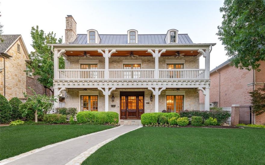 PREMIER LOCATION in the Fairway! Walk to Centennial Park, Snider Plaza, Pool and Tennis Courts, Elementary, and Middle schools. This is the location and floor plan that everyone is desiring! Ten foot ceilings throughout the first floor and expansive entry welcome you to this solidly built all stone home. Enormous verandas span the front of the home upstairs and down. Wide entry with split formals each overlooking the handsome deep verandas. Formal living features a beautiful stone surround fireplace. Striking study with coffered ceilings and radiant paneling completes the entry rooms. Great room overlooks the expansive outdoor entertaining area with gas grill and fabulous fireplace. Wet bar adjacent to great room with ice maker enhances the space for family and friend gatherings. Pool sized low maintenance turfed lawn is a real bonus at this price point in the Park Cities. Double doors with phantom screens provide wonderful transition to outdoor living from the great room. Well equipped kitchen with expansive breakfast dining area featuring built in desk and additional dining at the bar. All built in appliances with two refrigerator drawers. Oversized garage features its own air heat system for year-round comfort. Electric drive gate offers additional security and privacy. Upstairs holds a wonderful floorplan providing either four or five bedrooms. Spacious primary offers a bonus room that can provide use as a study, exercise, or added sitting with perfect access to the relaxing balcony. Two separate walk-in closets as well as a spacious bath complete the primary suite. Large laundry upstairs with built in ironing, sink, ample storage and room for two sets of washer dryers. Large game room that can also be a fifth bedroom has its own fridge and bar, full bath as well as vaulted ceilings. This is a property you will not want to miss the opportunity to see if your desire is to have the perfect home in the Park Cities. Remarkable! 3517 Haynie will not disappoint!