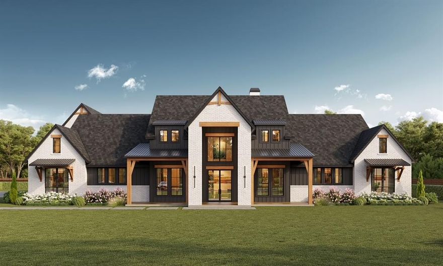 A true architectural statement is being created in the prestigious Santana Ridge community of Brock ISD. The arrival experience is breathtaking, featuring a dramatic entry with a soaring 25-ft peak & expansive floor-to-ceiling windows that will flood the home with natural light. Spanning 4,720 sq ft, this exceptional estate will offer a 3-car garage & a grand great room anchored by a swoon-worthy floating gas fireplace beneath a striking 25-ft arched ceiling—an iconic centerpiece for elevated living & entertaining. The thoughtfully designed floor plan will include 4 bedrooms plus an upstairs flex suite that will function as a 5th bedroom with full bath & walk-in closet. Two private primary suites will provide optimal flexibility, with the main primary retreat featuring a vaulted ceiling & an opulent ensuite bath offering separate vanities & a luxurious walk-through shower with smart control system. Two additional bedrooms share a refined Jack-&-Jill bath, while a large private office giving you an ideal work-from-home retreat. The chef-inspired kitchen will be a true showpiece with stunning quartz countertops, white oak inset shaker style cabinets, engineered hardwood flooring throughout & elevated designer fixtures. A massive butler’s pantry will feature additional ovens, prep space, sink & abundant storage—perfect for entertaining. Seamless indoor-outdoor living will be redefined by an oversized covered patio designed to be fully enclosed & climate-controlled with heating & air conditioning, while the outdoor living area will offer a wood-burning fireplace for year-round enjoyment. Additional amenities include a tankless water heater, 250-gal buried propane tank, security system wiring, ATT fiber, buried utilities, aerobic septic & private well. Est completion July 2026, offering a rare opportunity to customize select finishes & make this extraordinary home your own. Luxury, scale & M2 Luxury Homes' brilliant craftsmanship will define this remarkable residence!